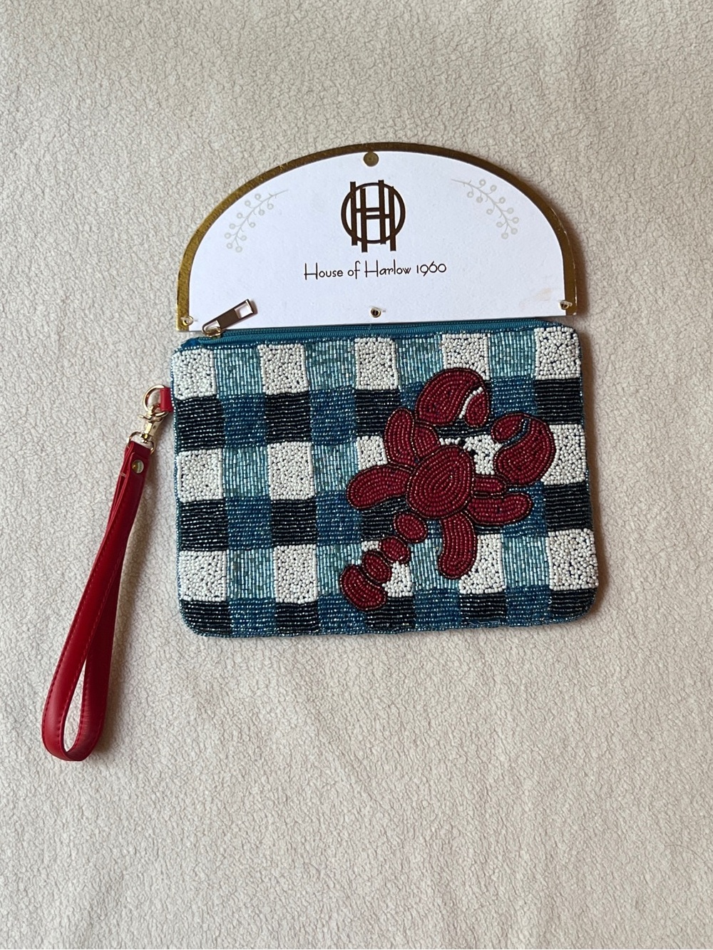 House of Harlow 1960 Beaded Lobster Plaid Wristlet Clutch Travel Pouch